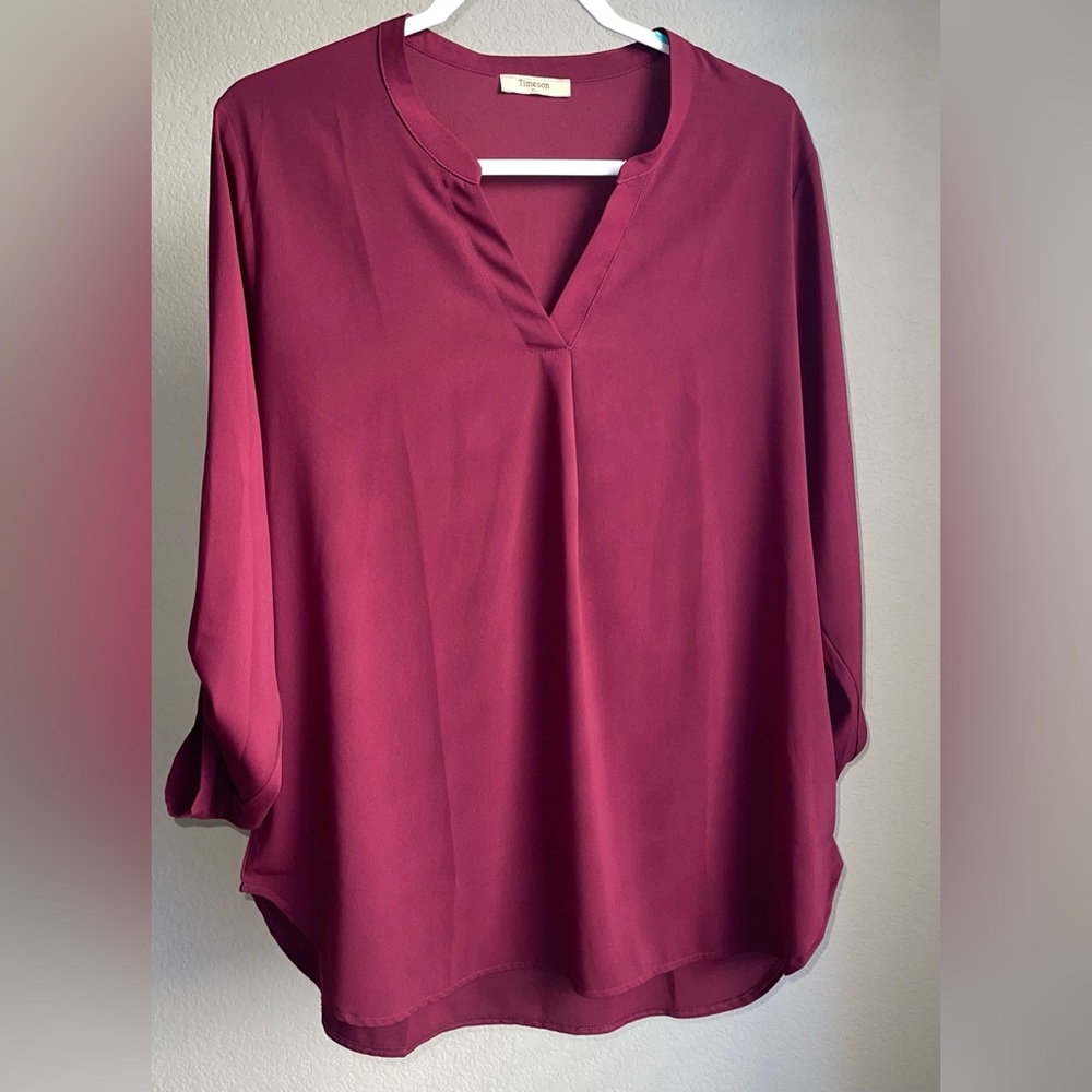 Women's V-Neck 3/4 Sleeve Blouse - Deep Berry